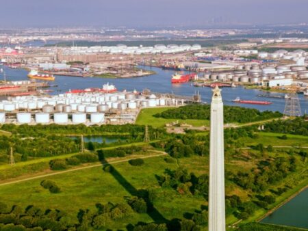 aerial view of monument and houston ship channel