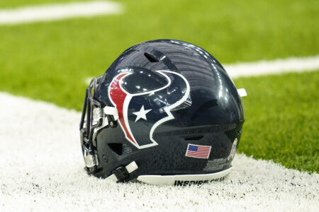 A Houston Texans helmet on the sidelines.