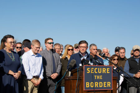 U.S. House Speaker Mike Johnson (R-LA) takes questions following a press conference criticizing the Biden administration's immigration policies during a visit to a border town where migrants are arriving from Mexico to seek asylum, in Eagle Pass, Texas, U.S. January 3, 2024.  REUTERS/Kaylee Greenlee Beal