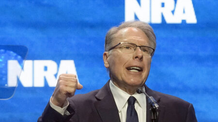 FILE - Wayne LaPierre, CEO and executive vice-president of the National Rifle Association, addresses the National Rifle Association Convention, April 14, 2023, in Indianapolis. The National Rifle Association of America (NRA) announced Friday, Jan 5, 2025, that LaPierre announced he is stepping down from his position as chief executive of the organization, effective Jan. 31  (AP Photo/Darron Cummings, File)