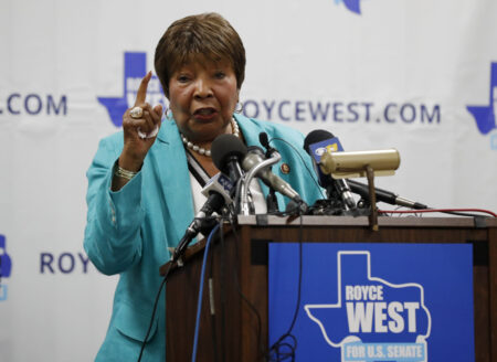 FILE - Rep. Eddie Bernice Johnson, D-Texas, makes comments as she introduces State Senator Royce West at a rally where West announced his bid to run for the US Senate in Dallas, Monday, July 22, 2019.   Johnson says she won’t seek re-election in 2022 after 30 years in Congress. The 85-year-old trailblazing Black Democrat made her announcement Saturday, Nov. 20, 2021 in Dallas.   (AP Photo/Tony Gutierrez, File)