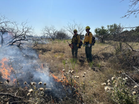 Firefighters face a wildfire in near Possum Kingdom Lake in Palo Pinto county on June 29, 2023.
