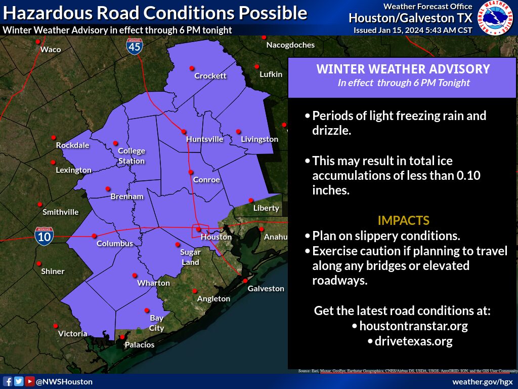 Houston having winter weather advisories through 6 p.m. on Monday