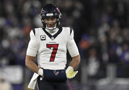 Texans quarterback C.J. Stroud looks on during the second half of the team's playoff loss to the Baltimore Ravens.