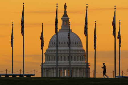 FILE - An early morning pedestrian is silhouetted against sunrise as he walks through the American flags on the National Mall with the U..S Capitol Building in the background in Washington Nov. 7, 2022. Americans on the right and left have a lot more in common than they might think — including their strong distrust of each other. The results of the survey, conducted by NORC at the University of Chicago and the nonprofit group Starts With Us, reveal a stark truth at the source of the polarization that has a powerful grip on American politics: While most Americans agree on the core principals underlying American democracy, they no longer recognize that the other side holds those values too.(AP Photo/J. David Ake, File)