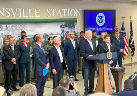 President Joe Biden calls on Congress to pass a stalled bipartisan border bill, at the Brownsville Border Patrol Station in Olmitos, Texas, on Thursday. Biden made the remarks after meeting with U.S. Border Patrol agents and local officials.