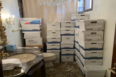 This image, contained in the indictment against former President Donald Trump, shows boxes of records stored in a bathroom and shower in the Lake Room at Trump’s Mar-a-Lago estate in Palm Beach, Fla.