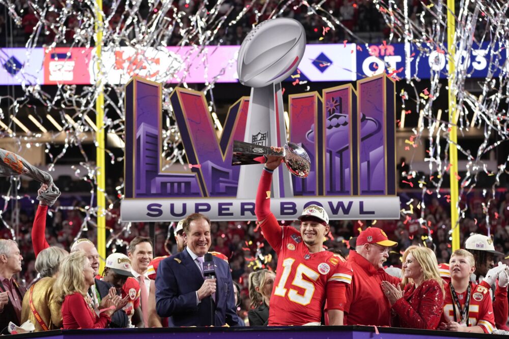 Kansas City Chiefs quarterback Patrick Mahomes (15) holds the Vince Lombardi Trophy after the NFL Super Bowl 58 football game against the San Francisco 49ers on Sunday, Feb. 11, 2024, in Las Vegas.