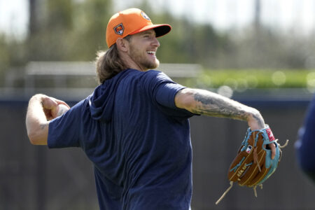 Houston Astros pitcher Josh Hader throws during a spring training baseball workout Wednesday, Feb. 14, 2024, in West Palm Beach, Fla.