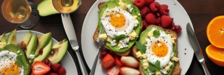 A top view of a vibrant brunch scene with avocado toast, poached eggs, fresh fruit, and mimosas, set on a stylishly laid table with modern decor