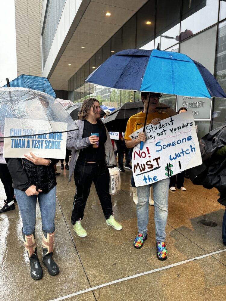 Protesters outside of HISD Superintendent Mike Miles' State of the District Address.  (Photo Credit: Blair Reid)