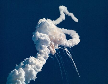 The space shuttle Challenger explodes moments after launch