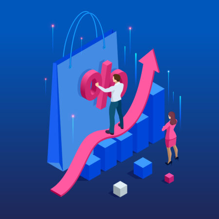 Growth chart stats, big sale, sellout, retail, Black Friday discount. Investors and traders achieve their goals. Vector isometric illustration