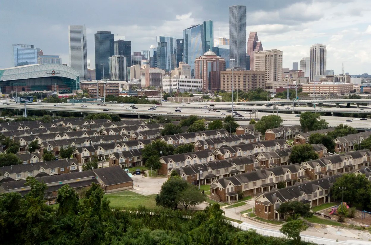An aerial view of homes near Interstate 45 in Houston