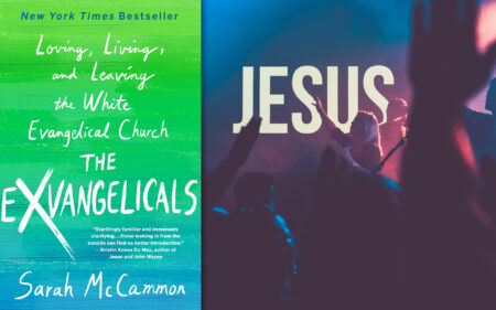 The Exvangelicals book cover next to an image of a worship service
