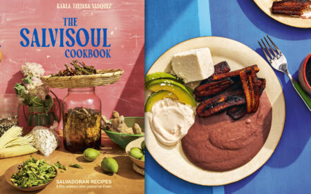 The cover of The SalviSoul Cookbook next to an image of Platanos Fritos con Frijoles Licuados