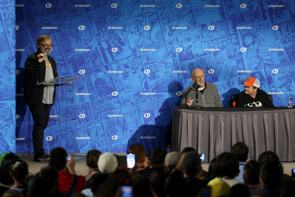 Houston Public Media's Ernie Manouse moderated a panel with Back to the Future's Christopher Lloyd and Michael J. Fox.  (Photo credit: Rob Salinas)