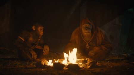 Still of two ape characters from Kingdom of the Planet of the Apes