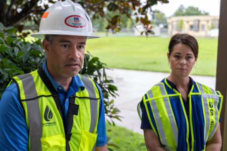 Union Pacific has begun soil testing at Boyce-Dorian Park in Houston's Fifth Ward. Kevin Peterburs, the senior manager of environmental remediation at Union Pacific, (left) explains the process during a media briefing on June 5, 2024.