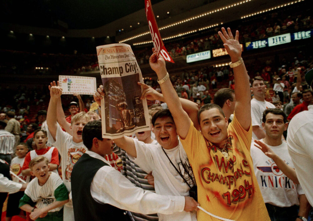 Rockets fans celebrate a Game 7 victory against the Knicks in the 1994 NBA Finals.