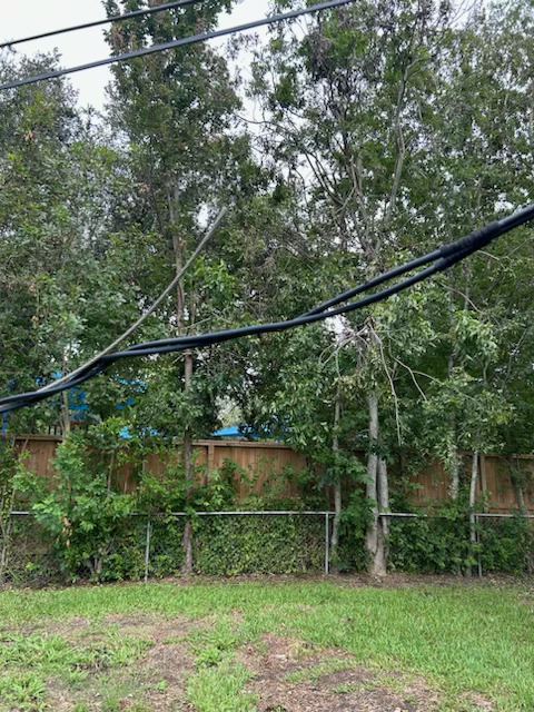 Pasadena resident Kathy Eads has a power line hanging across her yard with a loose wire.