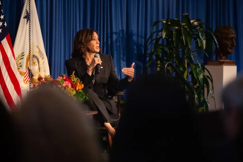 Vice President Kamala Harris speaks at the LBJ Museum in Austin on Oct. 8, 2022. Her role on border security is already the focus of criticism from Texas Republicans. Credit: Eddie Gaspar/The Texas Tribune