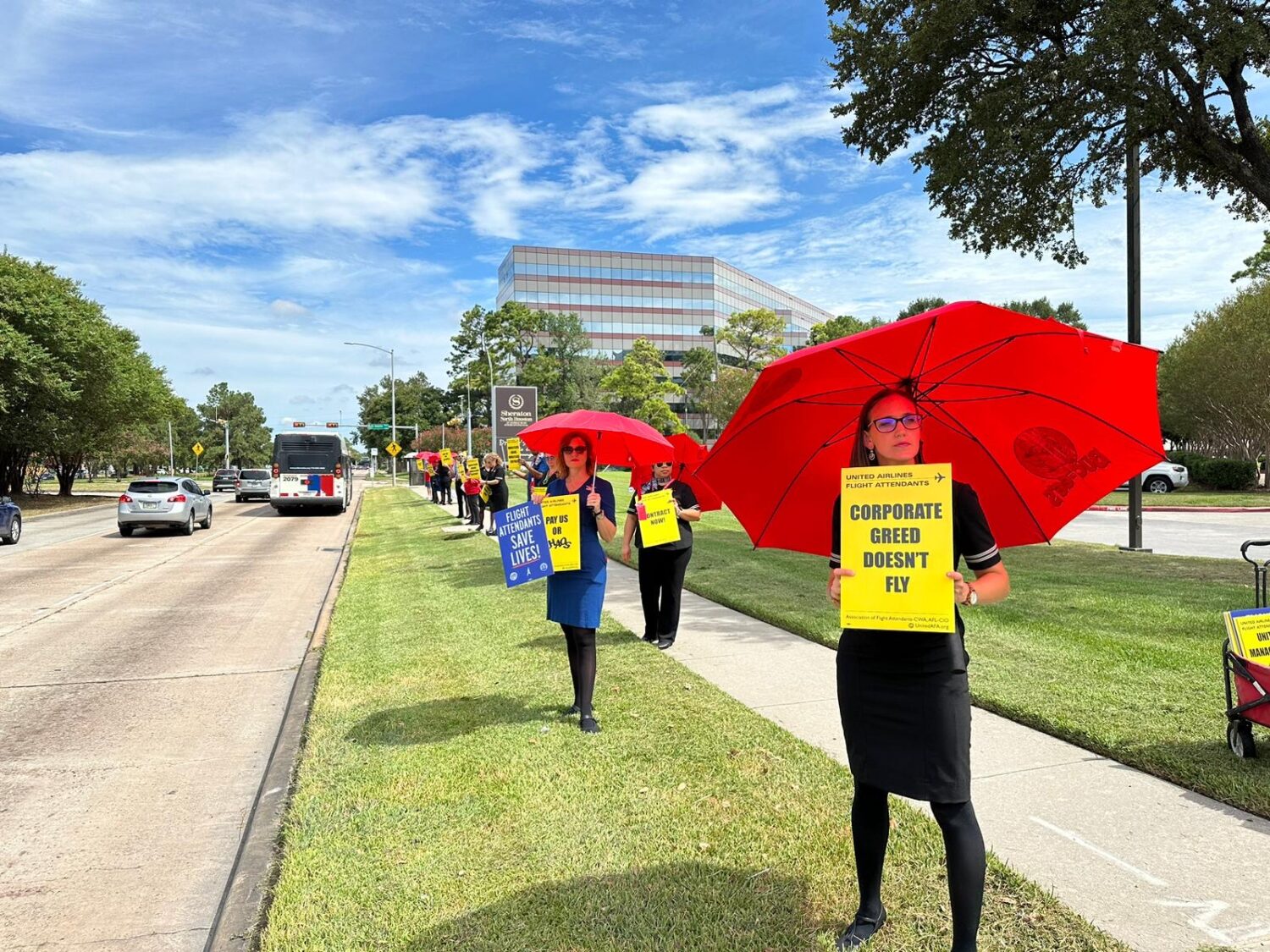 United Airlines flight attendants strike for better pay at Bush Airport – Houston Public Media