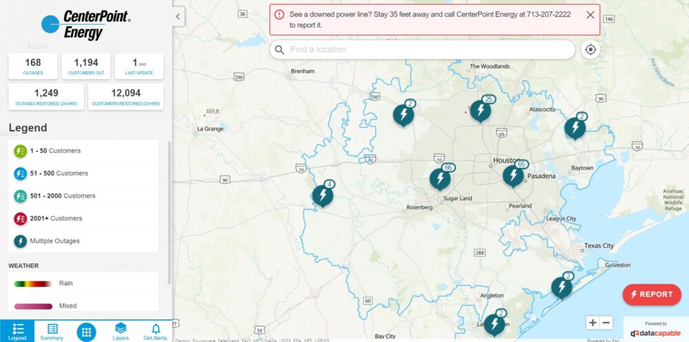 A screenshot of a new outage map from CenterPoint Energy