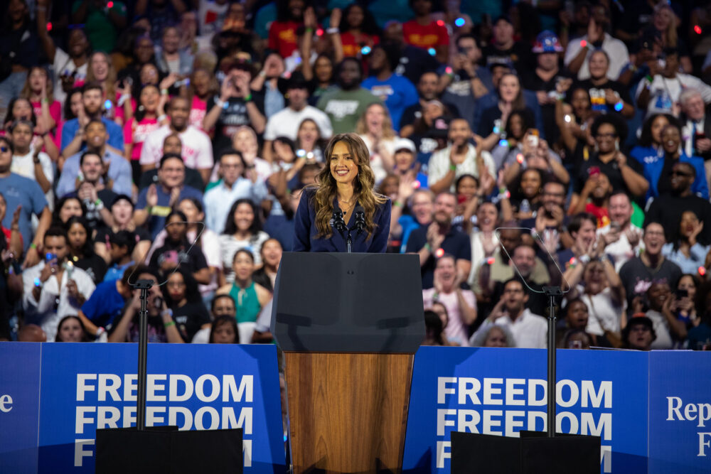 Jessica Alba speaks at a rally in Houston for Kamala Harris.