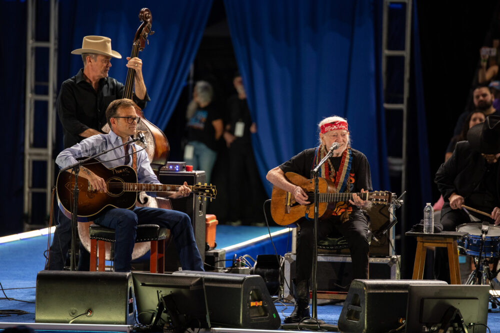 Willie Nelson performs at a rally for Kamala Harris in Houston on October 25, 2024.