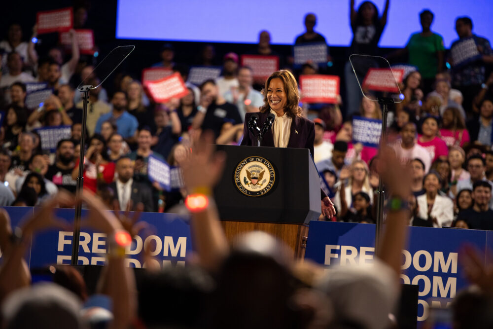 Vice President Kamala Harris speaks about abortion access during a rally on October 25, 2024. (Photo: Lucio Vasquez/Houston Public Media)