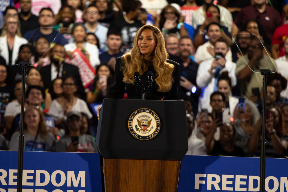 Beyoncé Knowles-Carter speaks at a rally in Houston for Kamala Harris.