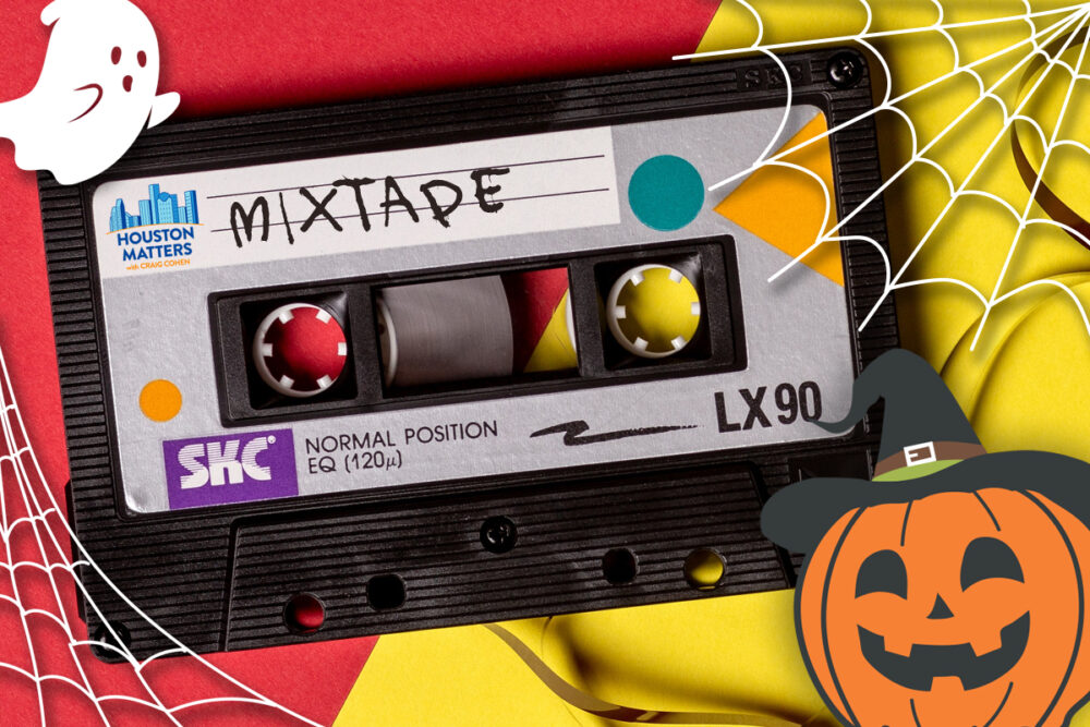 A cassette tape with the Houston Matters logo and Halloween images