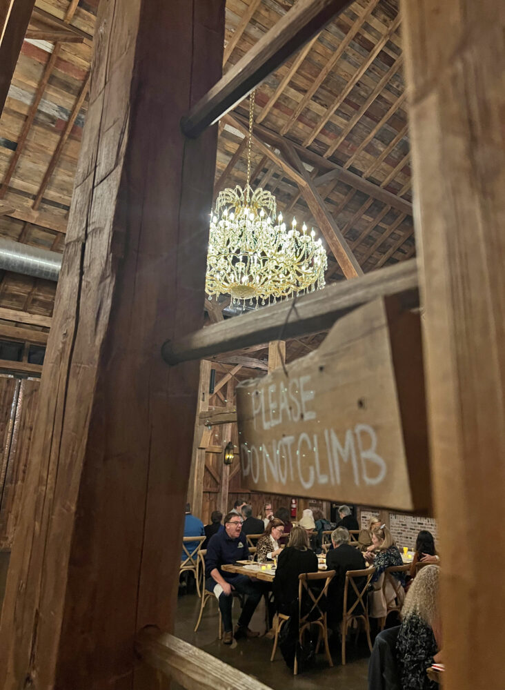 A chandelier inside the barn at Beckendorff Farms. (Photo Credit: Michael Hagerty/Houston Public Media)