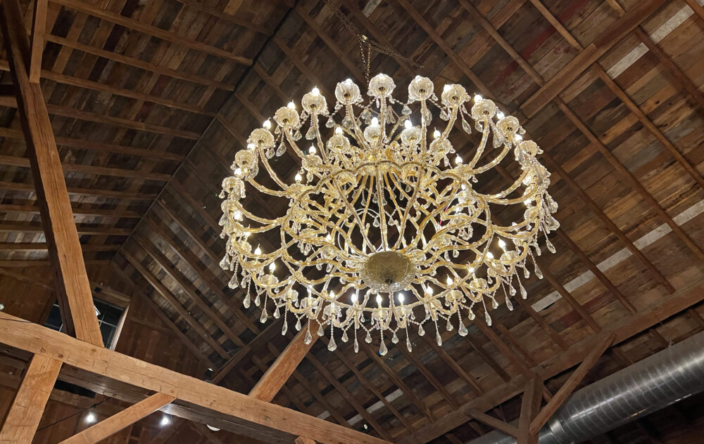 A chandelier inside the barn at Beckendorff Farms. (Photo Credit: Michael Hagerty/Houston Public Media)