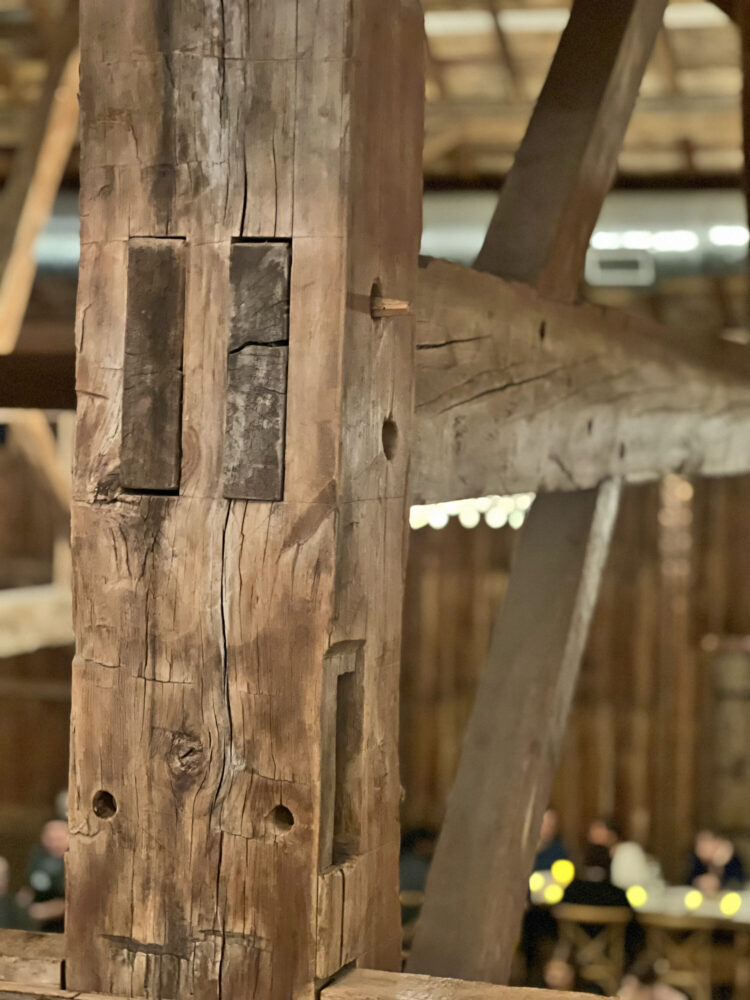 Wood beams in the historic 1850s barn at Beckendorff Farms near Katy. (Photo Credit: Michael Hagerty/Houston Public Media)