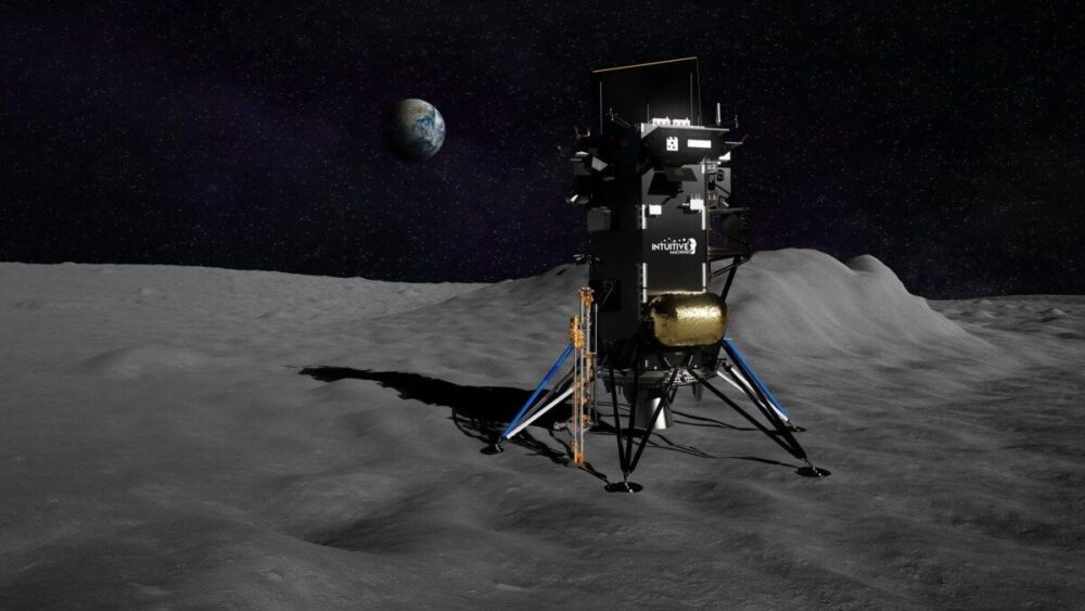 Artists' rendering of a lunar lander on the surface of the moon