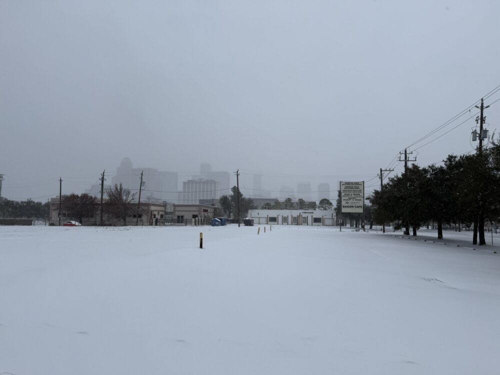 Looking from Midtown back toward the downtown Houston skyline during a snowstorm on January 21, 2025. (Photo Credit: Mark Norris/Houston Public Media)