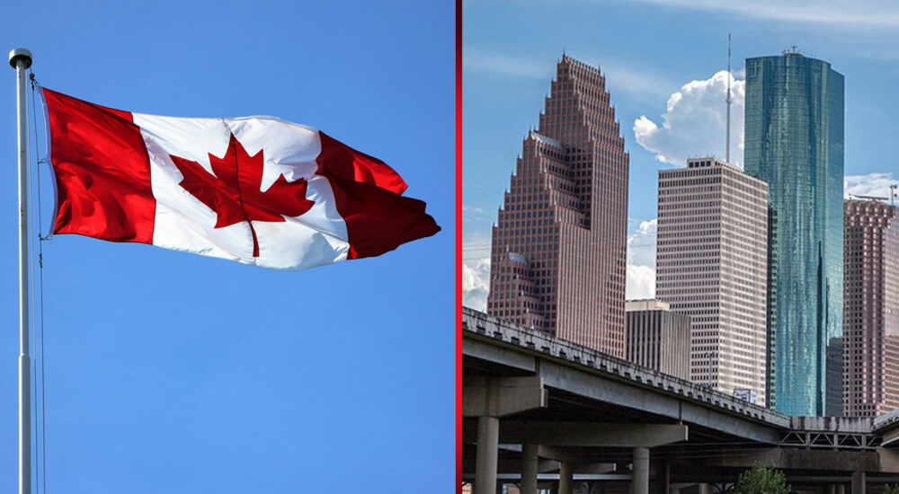 The Canadian flag next to the Houston skyline