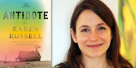 Author Karen Russell next to the cover of her novel "The Antidote."