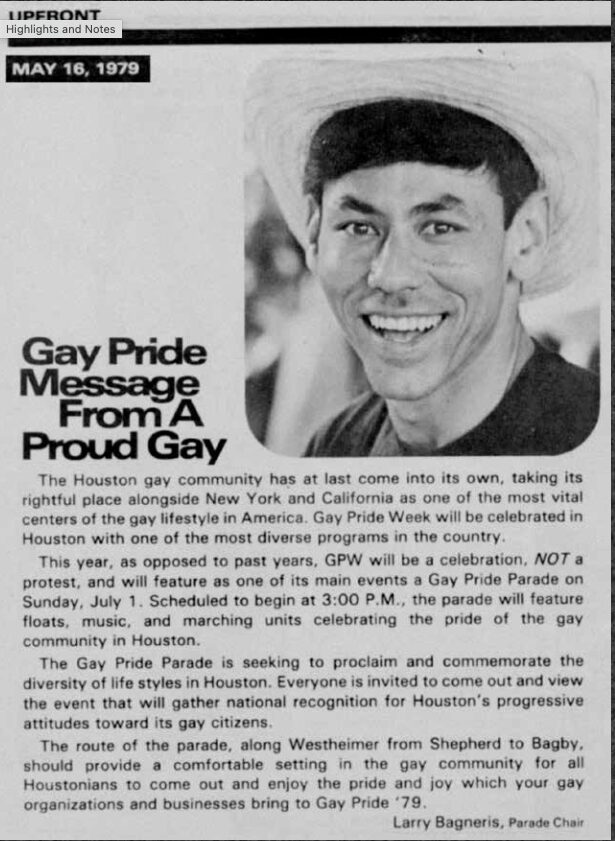 A page from Upfront Magazine in 1979 with a message of support from Larry Bagneris to the LGTBQ+ community