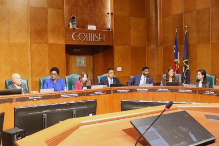 Houston City Council member Alejandra Salinas speaks to Mayor John Whitmire on Apr. 21, 2026.