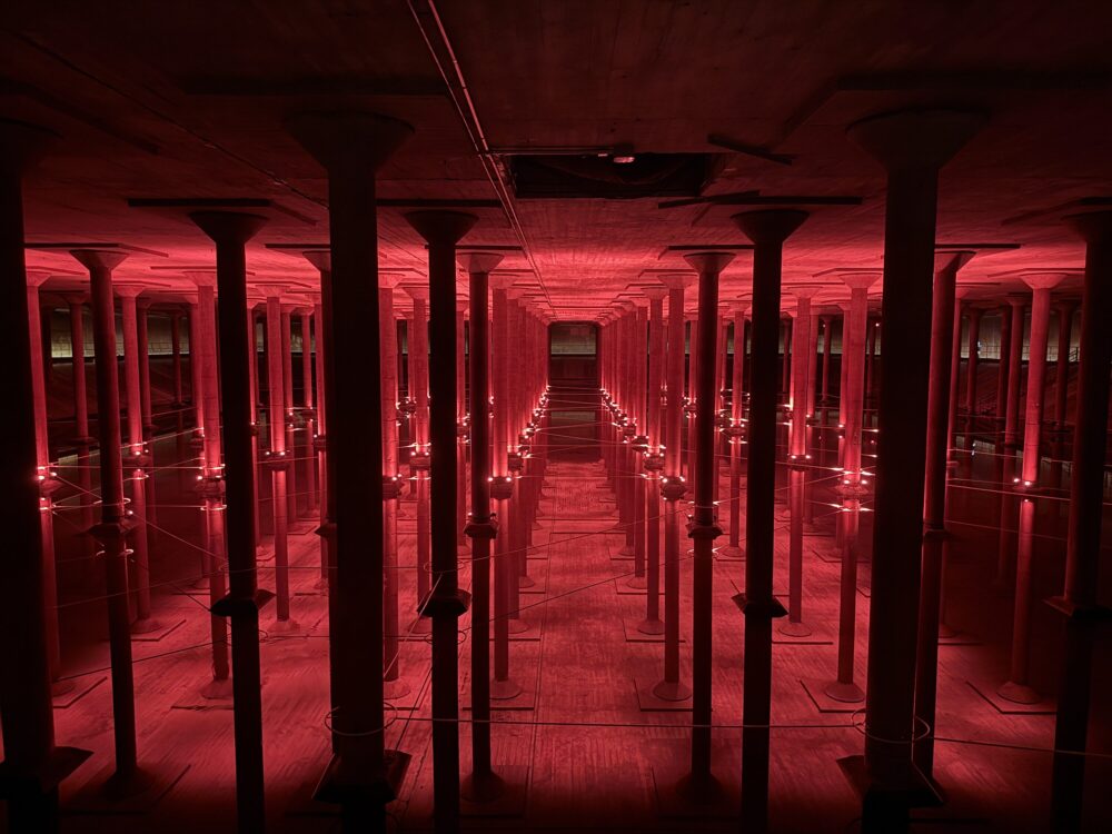 "Undercurrents" by Rafael Lozano-Hemmer at the Buffalo Bayou Park Cistern on April 23, 2026. (Photo Credit: Sophia Jozwiak/Houston Public Media)