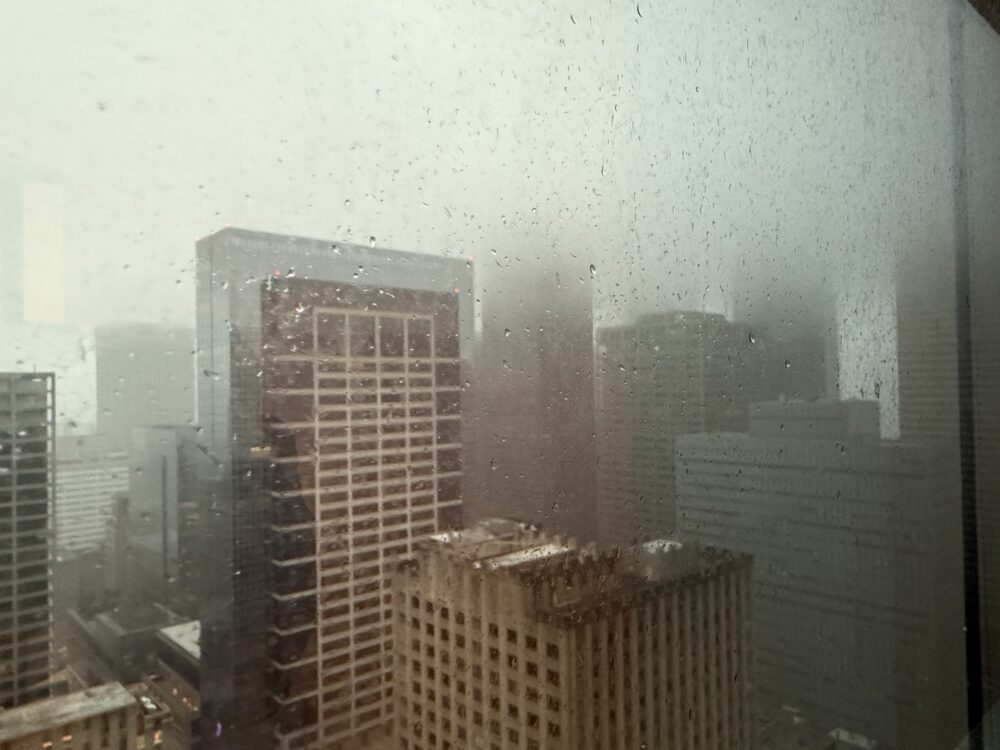 Heavy rain falls in Downtown Houston on May 1, 2026. (Photo Credit: Provided/ Alexa Bussmann)
