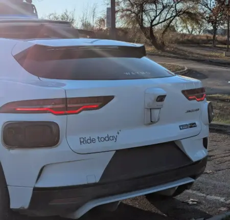 A Waymo self driving vehicle at Roosevelt Park ahead of its rollout in San Antonio.
