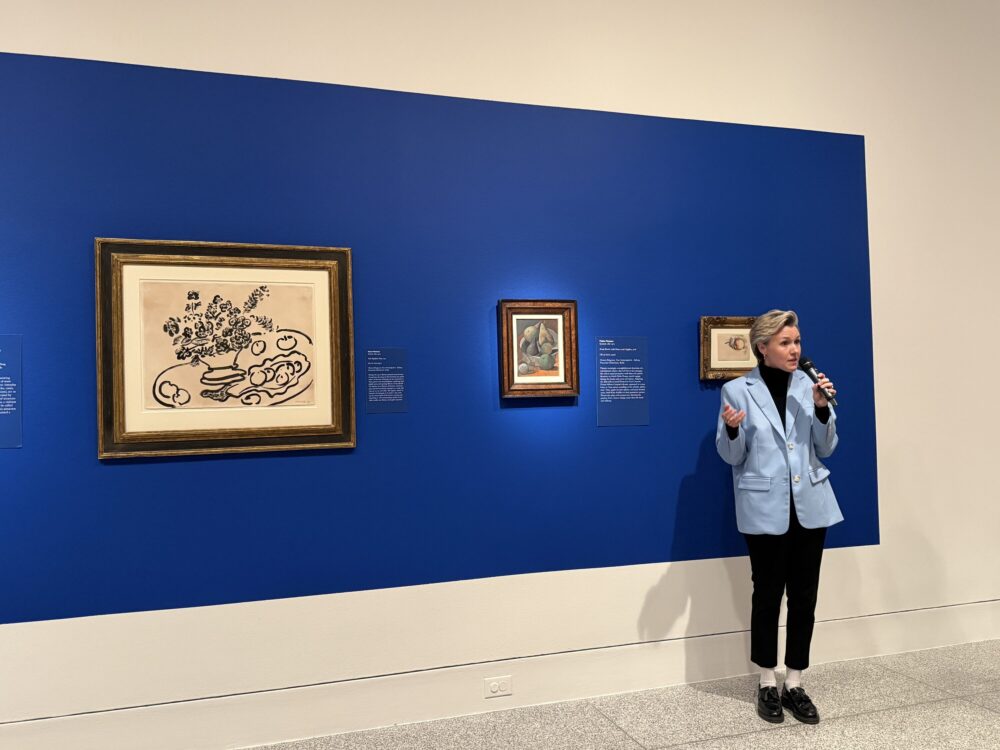 Museum Berggruen Curator Natalie Zimmer speaks in the Picasso-Klee-Matisse exhibition on May 15, 2026 (Photo Credit: Sophia Jozwiak/Houston Public Media)