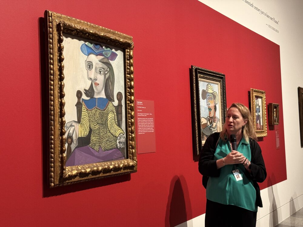 MFAH Curator of Prints and Drawings Dena Woodall speaks in the Picasso-Klee-Matisse exhibition on May 15, 2026 (Photo Credit: Sophia Jozwiak/Houston Public Media)