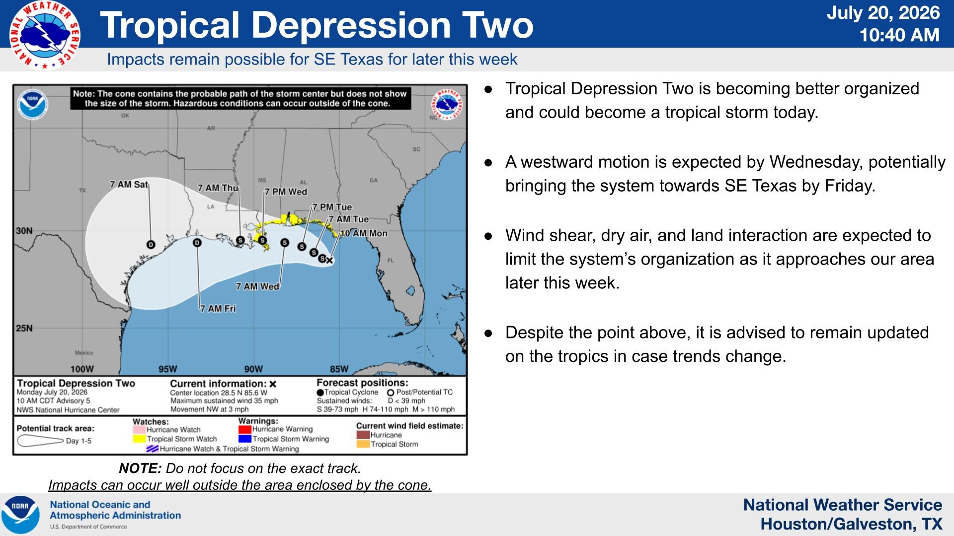A graphic from the NWS shows the potential path of a tropical depression.