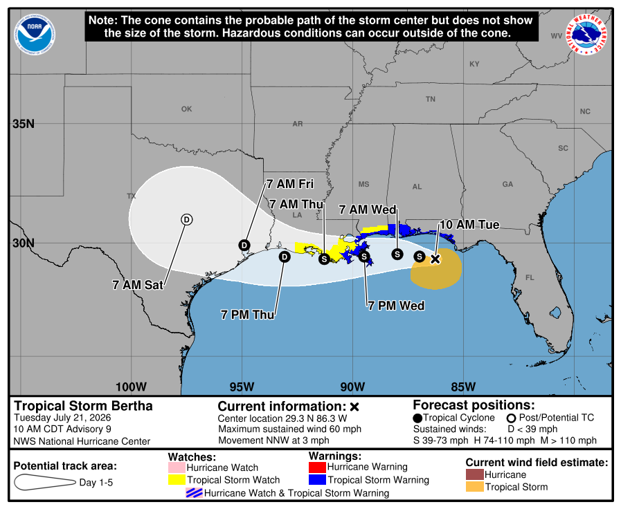 The National Hurricane Center named Tropical Storm Bertha at 7 p.m. on July 20, 2026.
