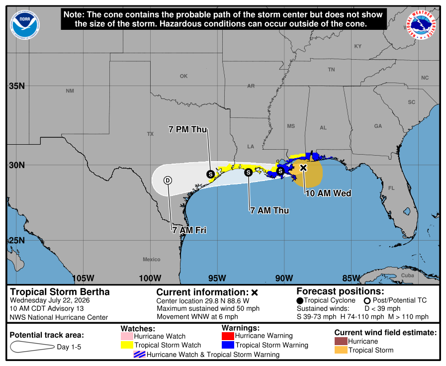 Tropical Storm Bertha Graphic July 22, 2026